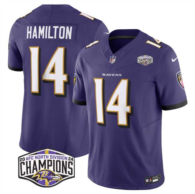Men%27s Baltimore Ravens #14 Kyle Hamilton Purple F.U.S.E 2024 AFC North Division Champions Vapor Limited Jersey
